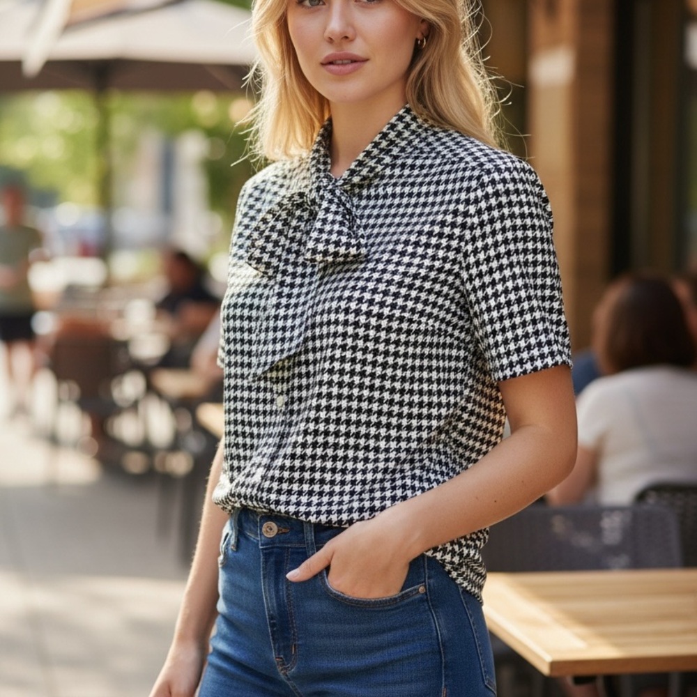 Vintage Blair Black and White Houndstooth Tie-Neck Blouse